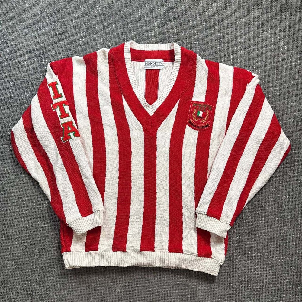 Mondetta Rugby V-Neck Sweater Mens Large Red White Striped 90s Vintage ITA